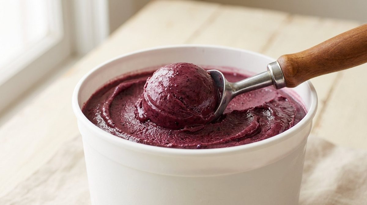 Ready-to-serve açaí sorbet in a foodservice tub with scoop